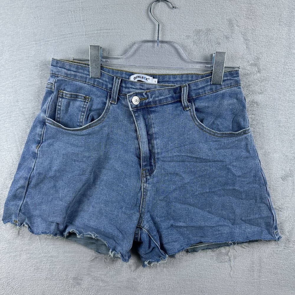 Genleck Cutt Off Shorts Raw Hem High Rise Denim Stretch Womens Blue Size Large